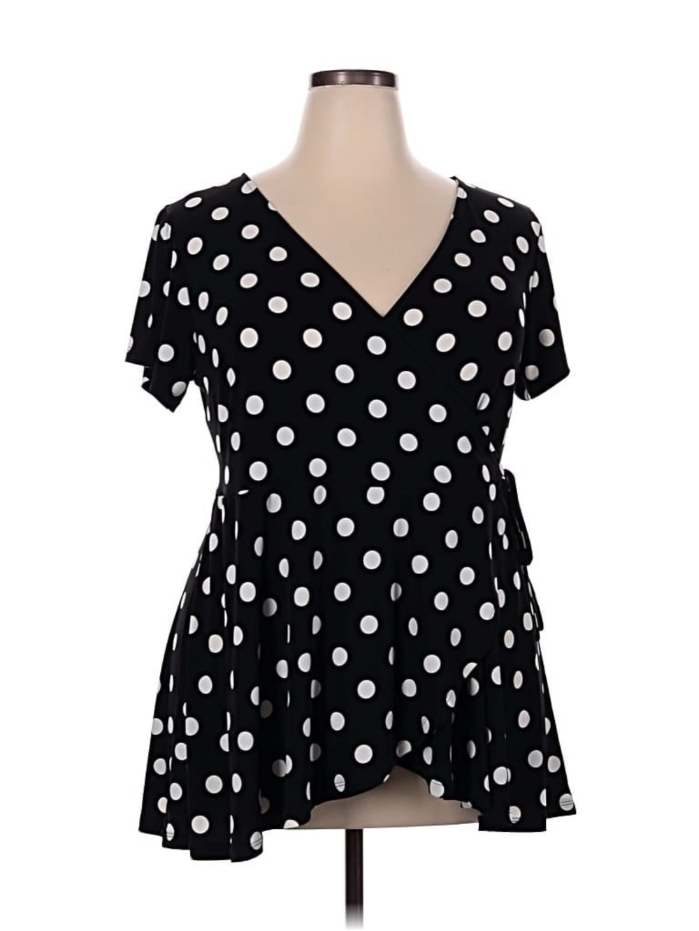Stunning Black and White Polka Dot V-Neck Wrapped Women's Blouse for Sale